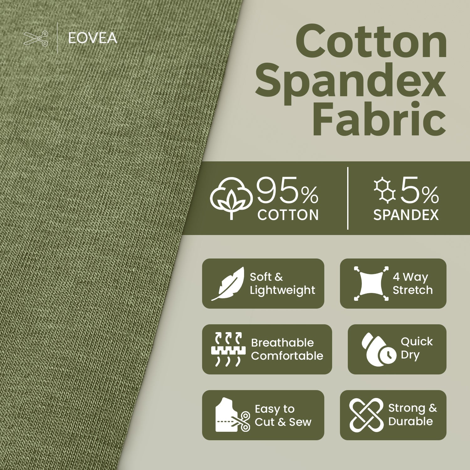 Cotton Spandex Fabric | Spandex & Cotton T-Shirt Fabric 10 oz | Olive Green - EOVEA