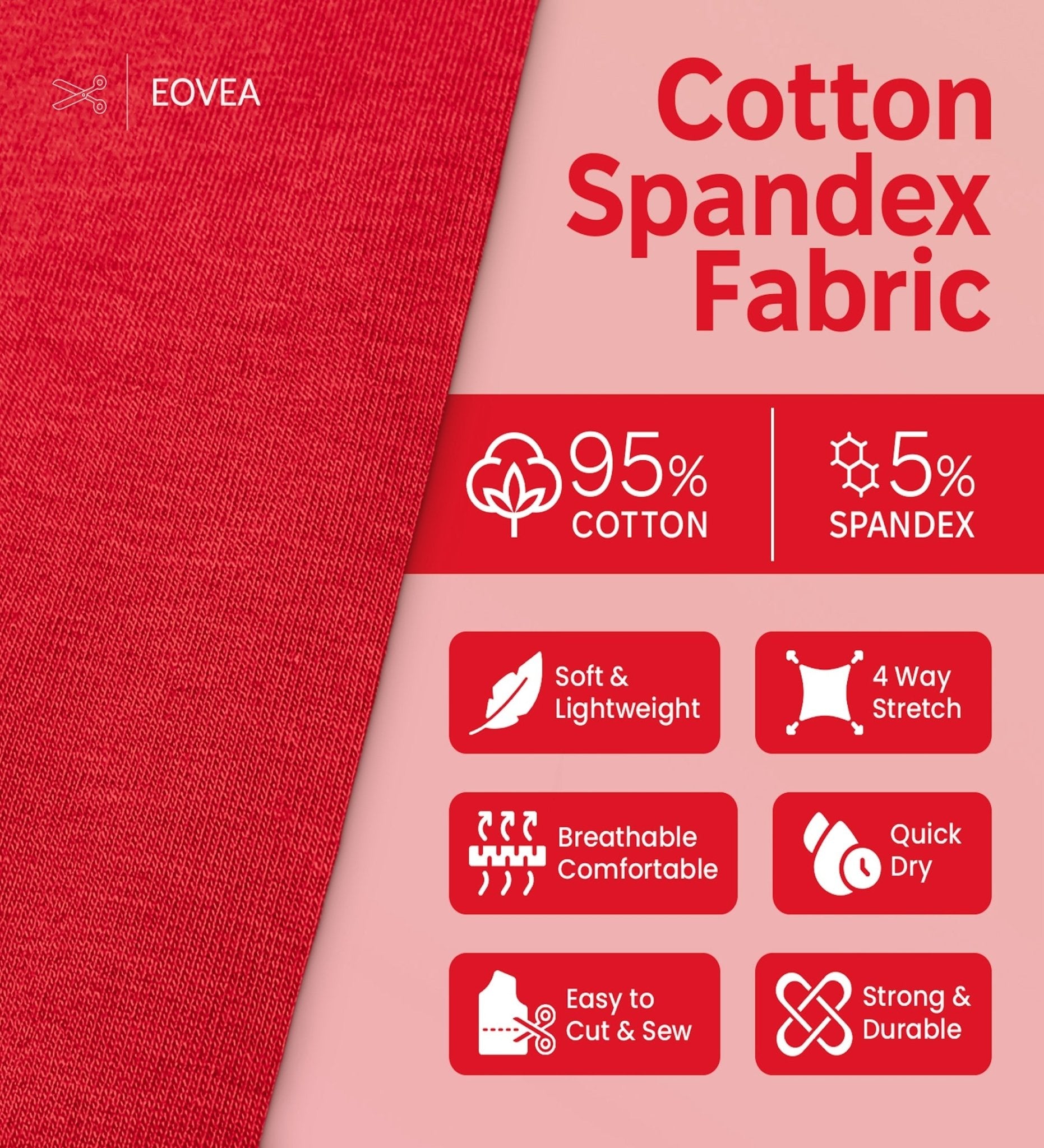Cotton Spandex Fabric | Spandex & Cotton T-Shirt Fabric 10 oz | Red - EOVEA