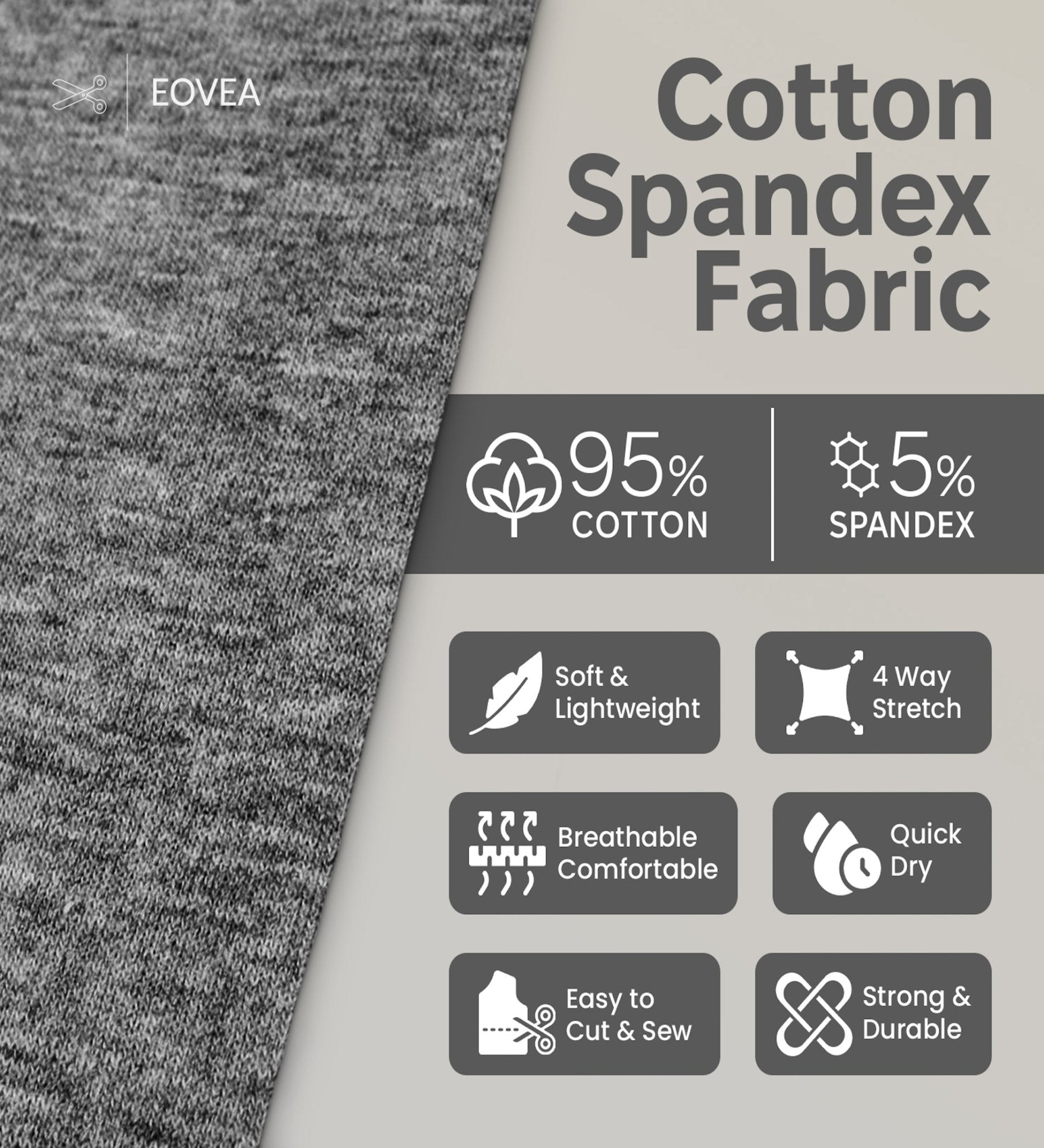 Cotton Spandex Jersey | Spandex & Cotton T-Shirt Fabric 10 oz | Charcoal Grey - EOVEA