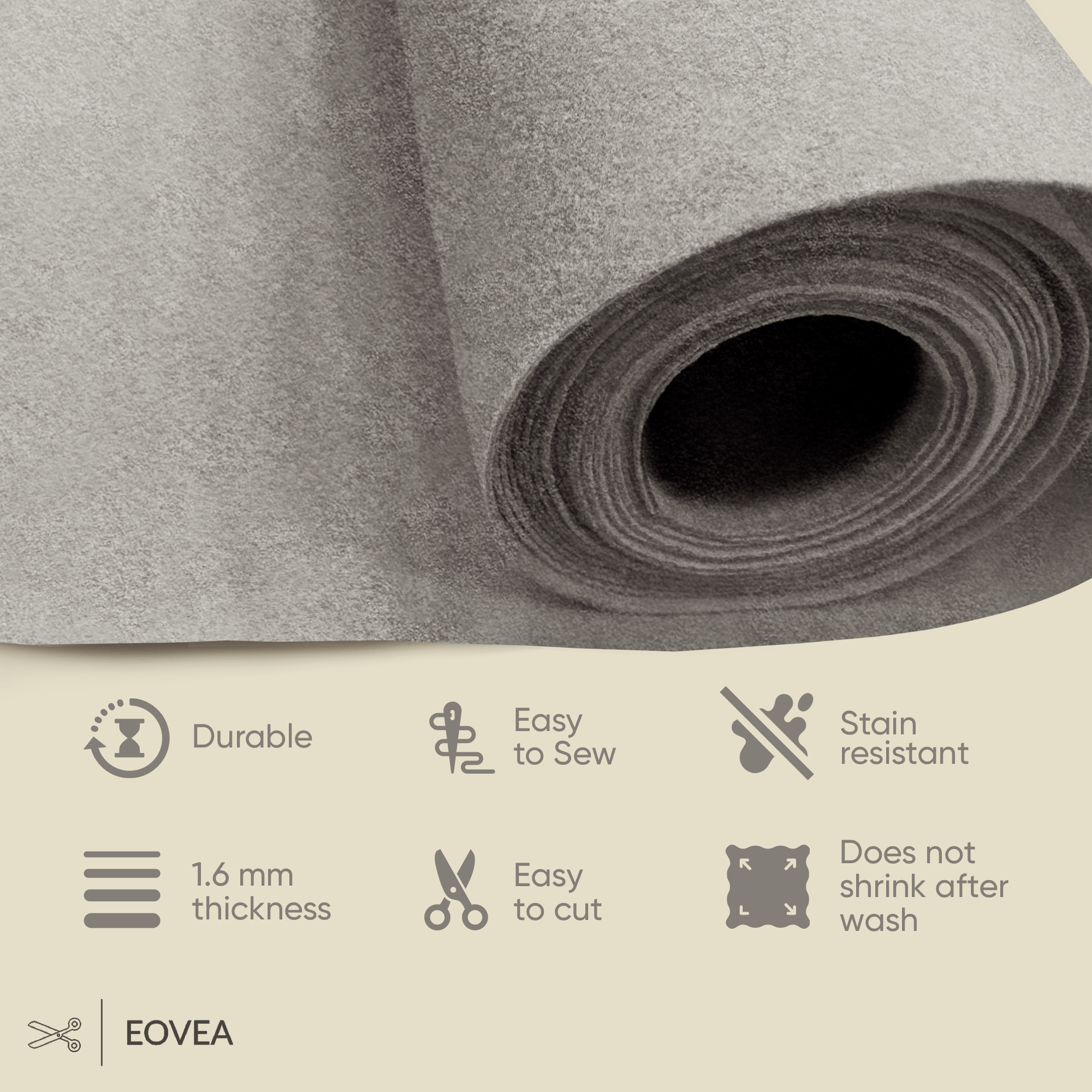 Felt Fabric |  1.6mm Thick Felt By The Yard | Platinum Grey - EOVEA