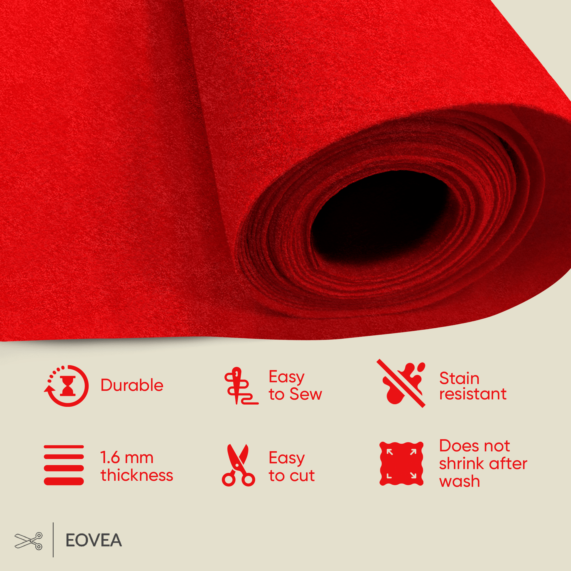 Felt Fabric |  1.6mm Thick Felt By The Yard | Red - EOVEA