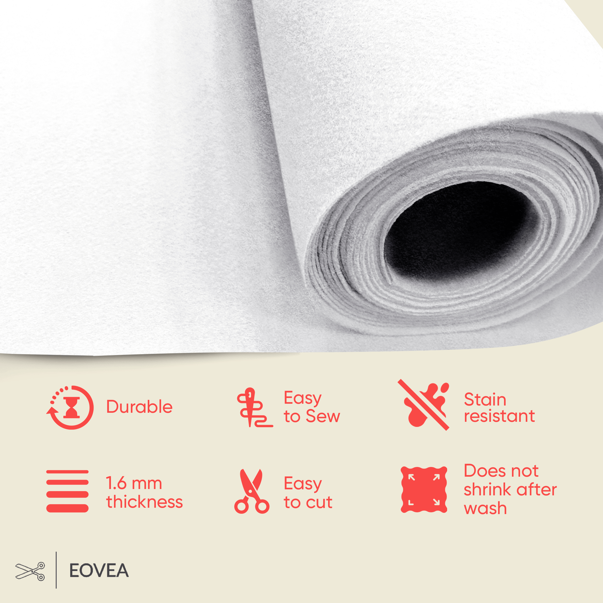 Felt Fabric |  1.6mm Thick Felt By The Yard | White - EOVEA