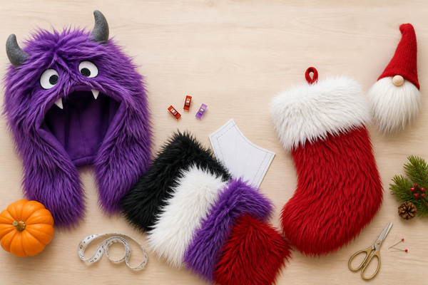 Halloween monster hood, Christmas stocking, holiday gnome, and colorful long-pile faux fur fabric