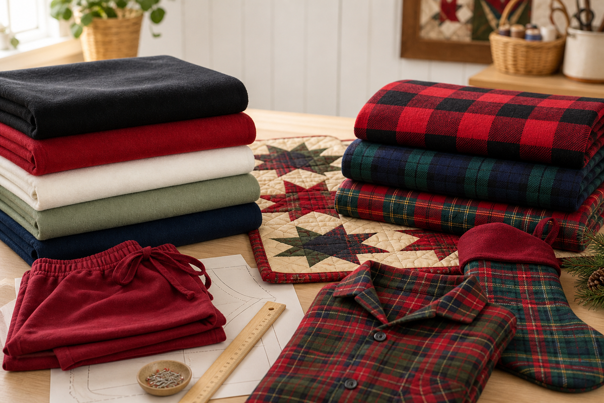 Solid and plaid cotton flannel fabrics with pajamas, a tartan shirt, quilt, and Christmas stocking on a sewing table