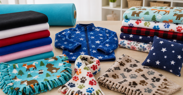 Solid and printed anti-pill polar fleece with a tie blanket, child's jacket, scarf, pet blanket, and pillow