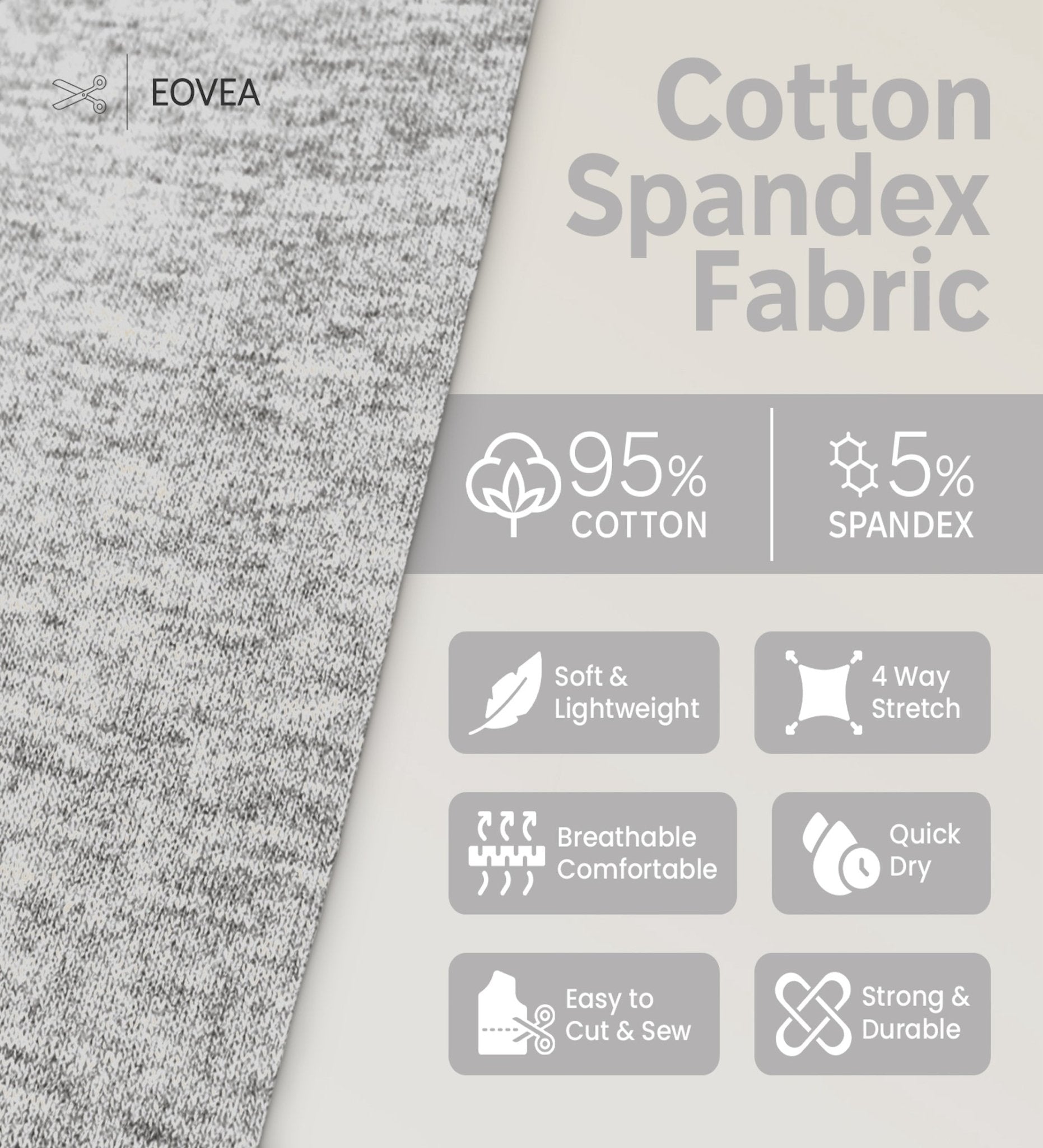 Cotton Spandex Jersey | Spandex & Cotton T-Shirt Fabric 10 oz| Heather Grey - EOVEA