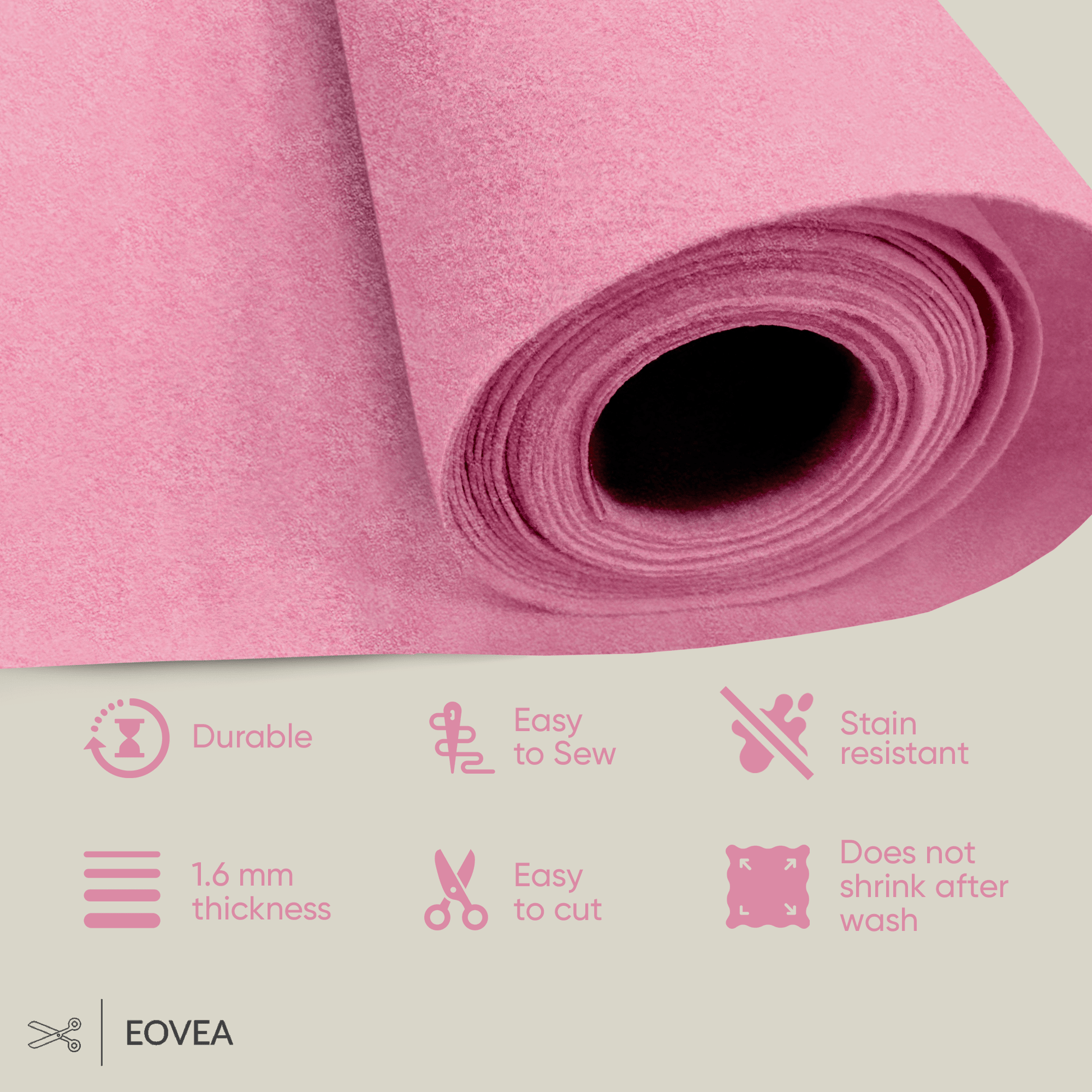 Felt Fabric |  1.6mm Thick Felt By The Yard | Baby Pink - EOVEA