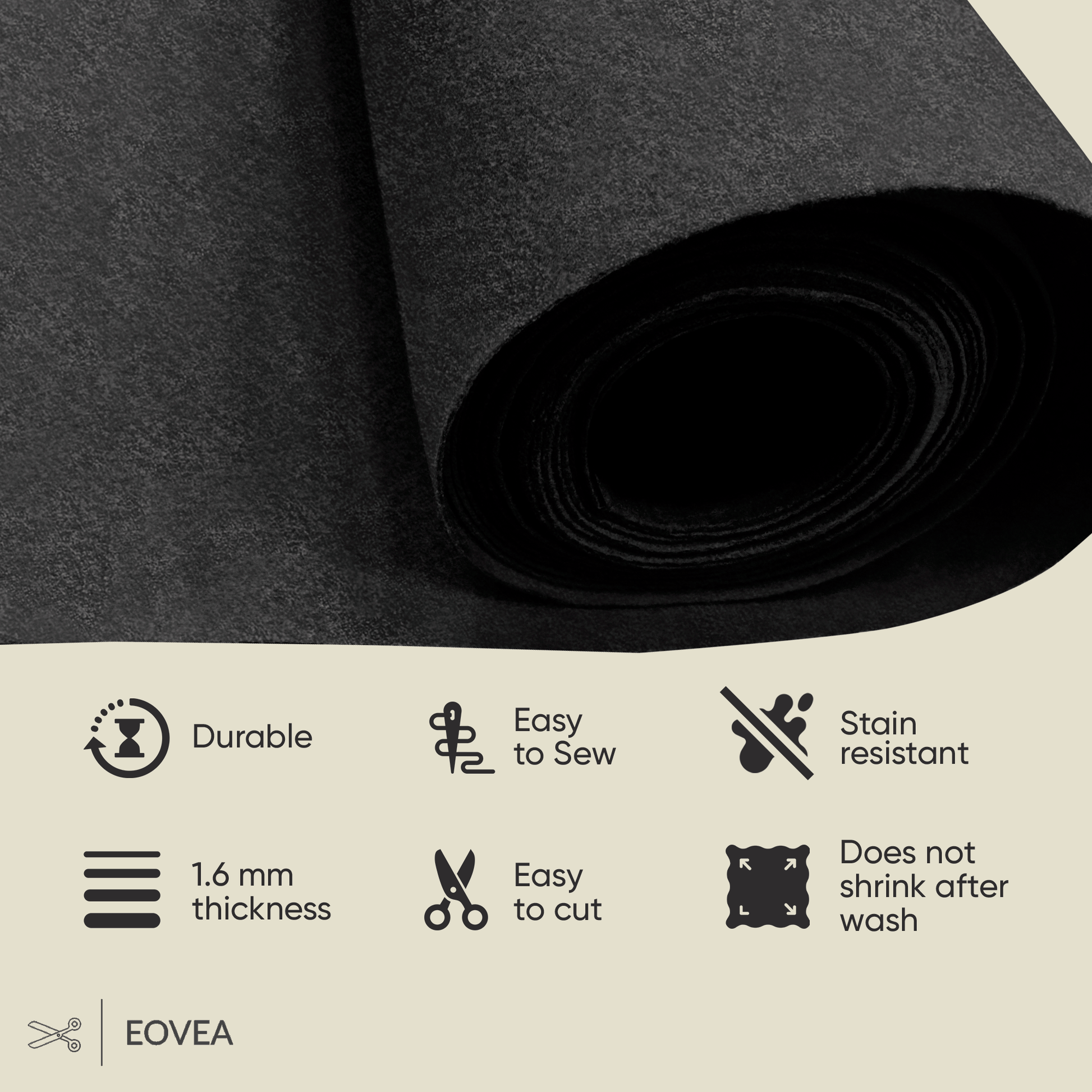 Felt Fabric |  1.6mm Thick Felt By The Yard | Black - EOVEA