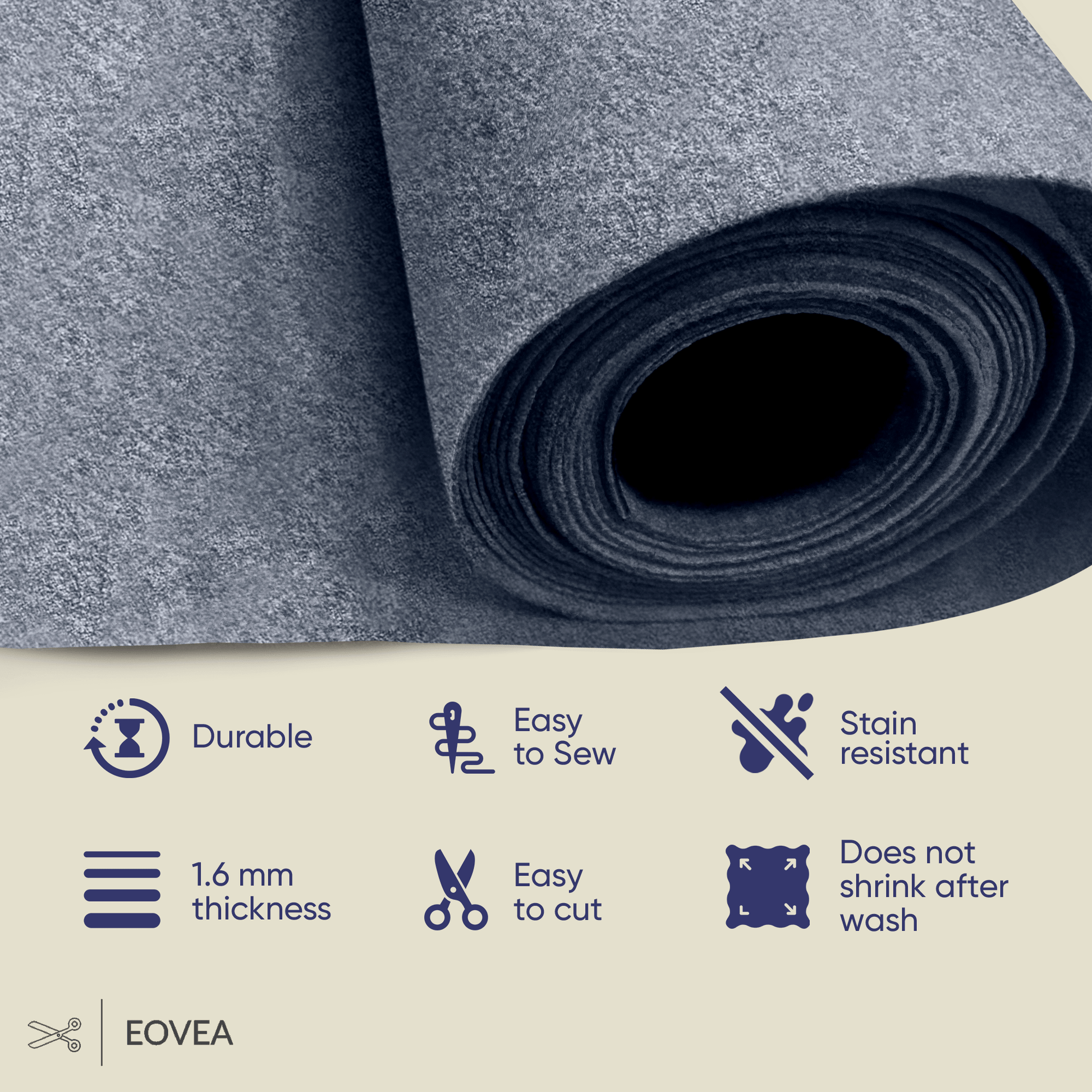Felt Fabric |  1.6mm Thick Felt By The Yard | Charcoal Grey - EOVEA