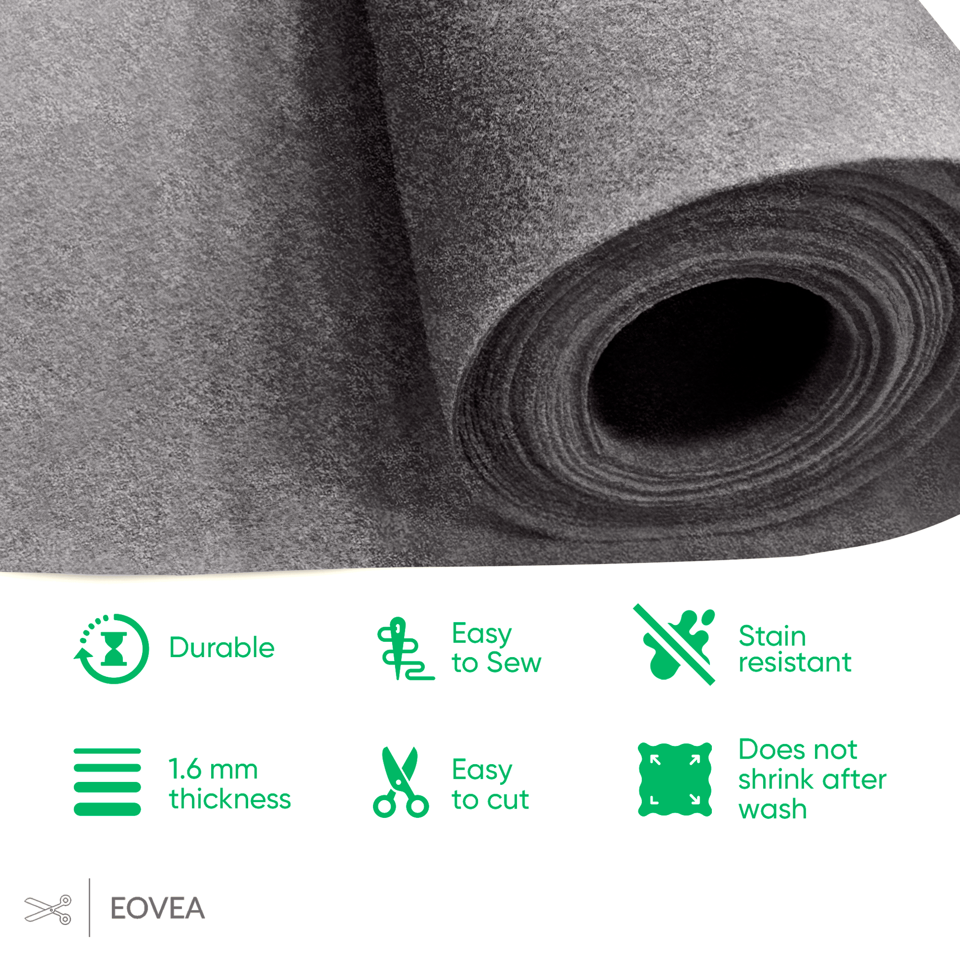 Felt Fabric |  1.6mm Thick Felt By The Yard | Dark Grey - EOVEA