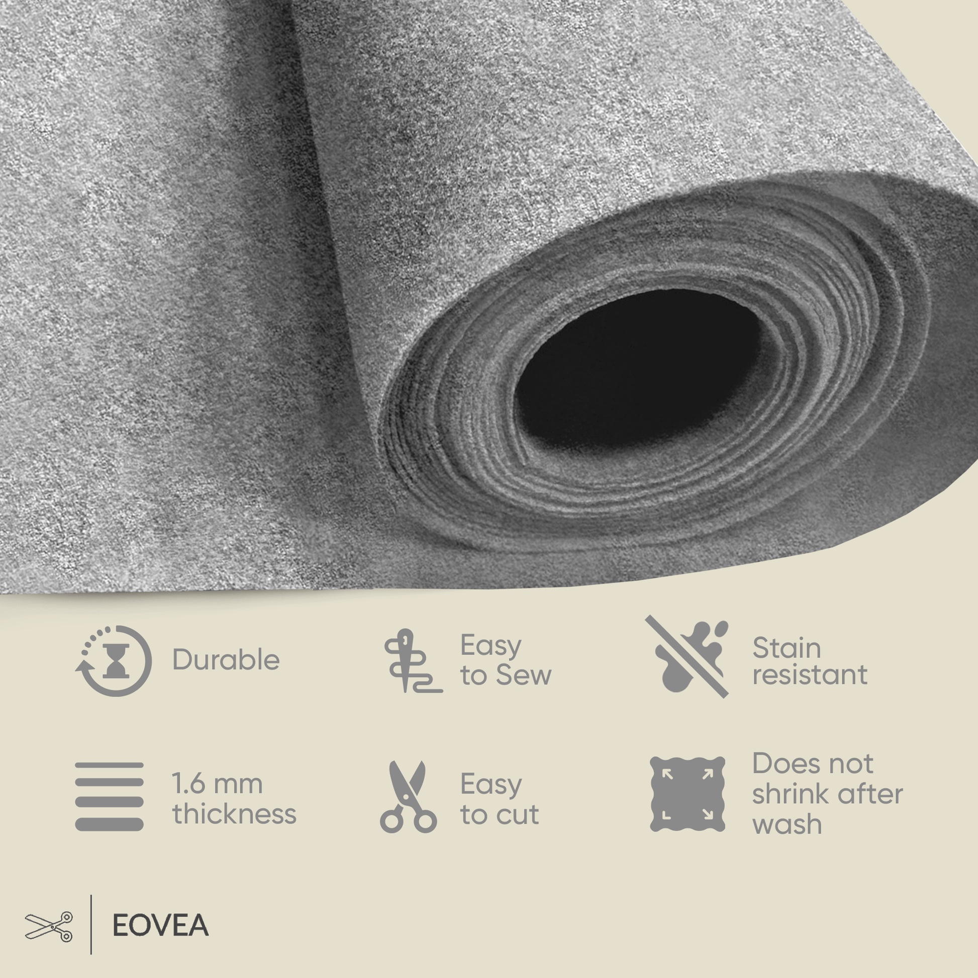Felt Fabric |  1.6mm Thick Felt By The Yard | Heather Grey - EOVEA