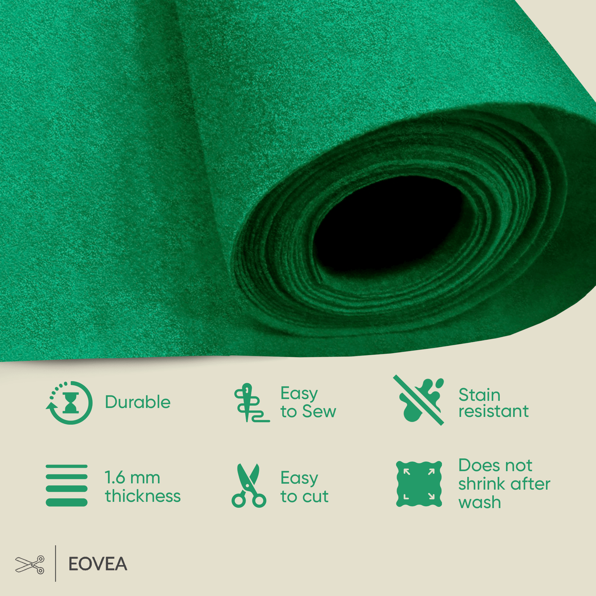 Felt Fabric |  1.6mm Thick Felt By The Yard | Kelly Green - EOVEA