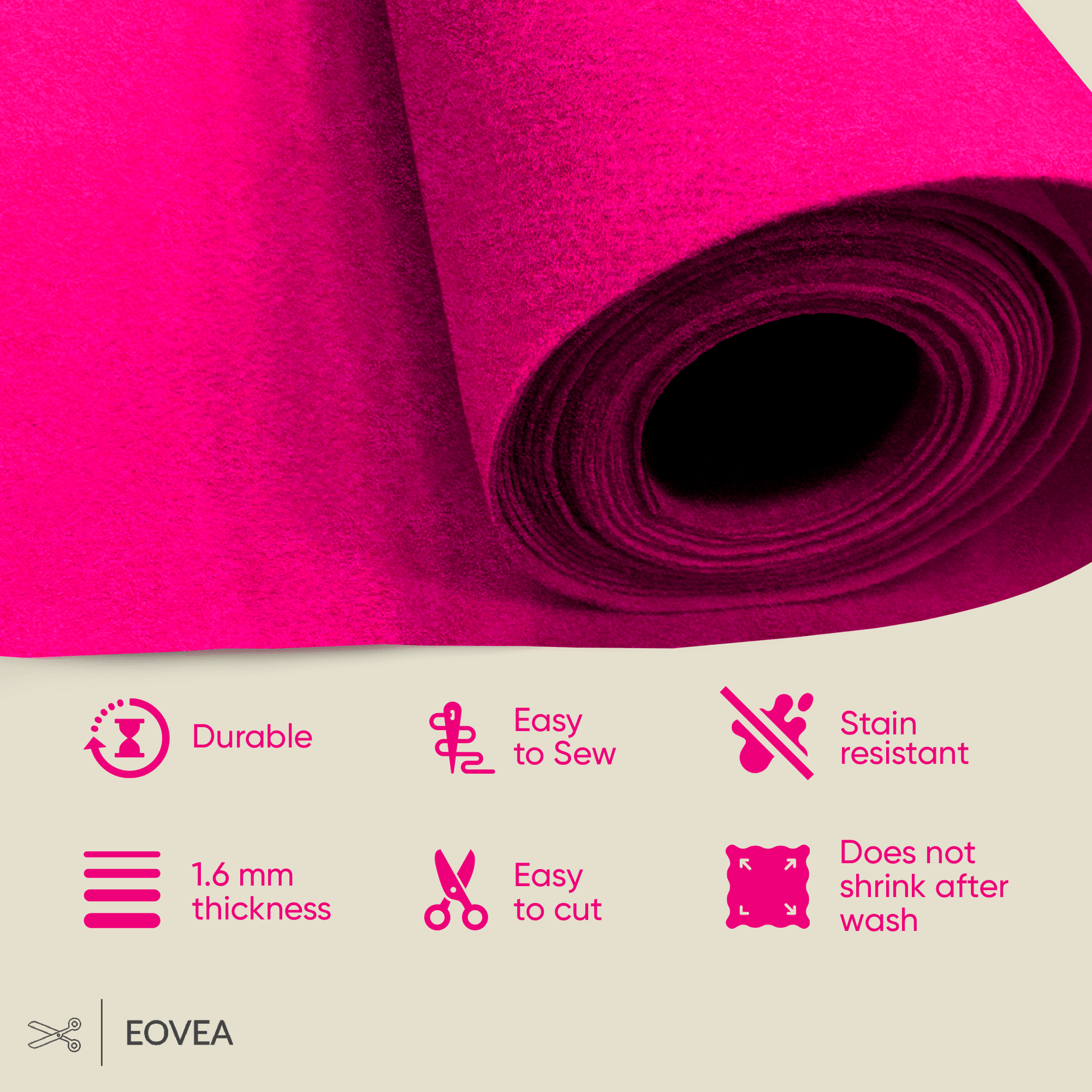 Felt Fabric |  1.6mm Thick Felt By The Yard | Neon Pink - EOVEA