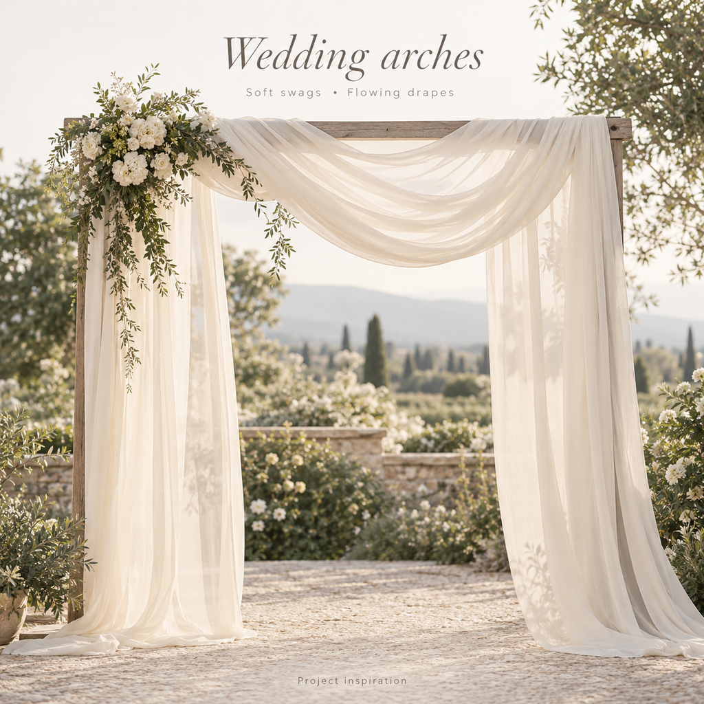 Ivory chiffon wedding arch swags and flowing drapes — project inspiration