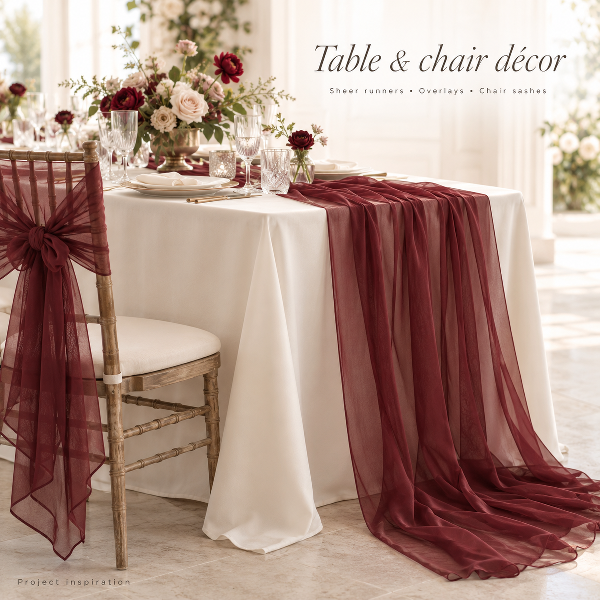 Burgundy chiffon table runner and chair sash — project inspiration
