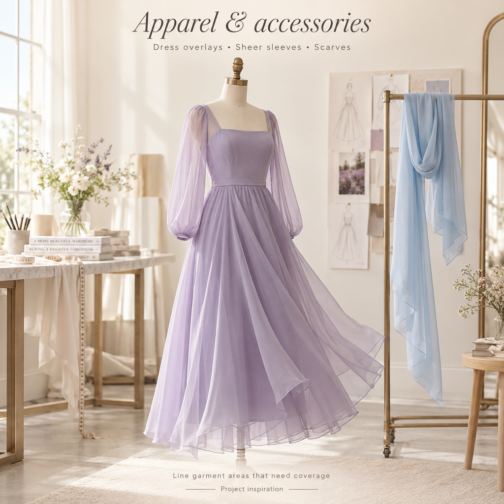 Lavender lined dress with chiffon overlay and sheer sleeves, and baby blue scarf — project inspiration