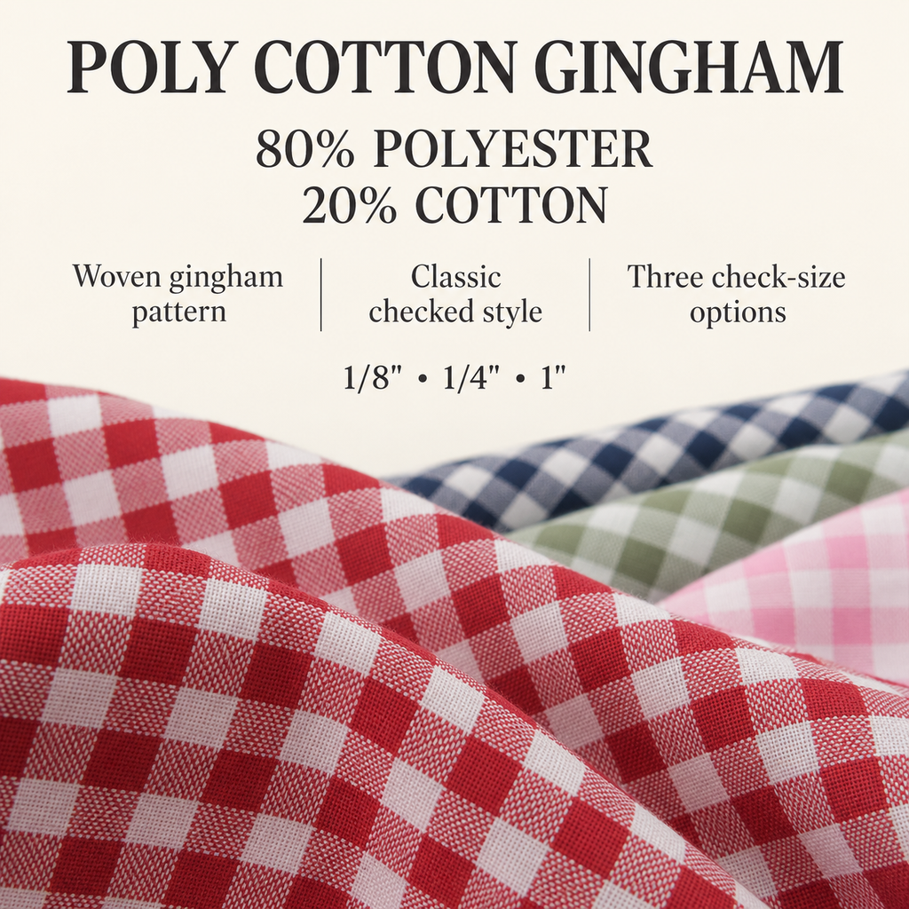 Poly cotton gingham range: 80% polyester, 20% cotton; available check sizes 1/8, 1/4 and 1 inch