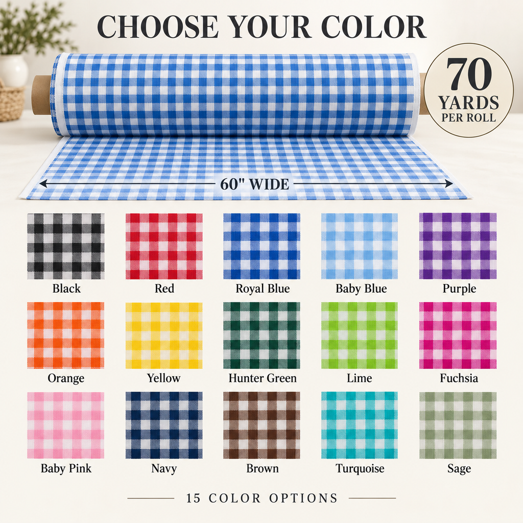 Gingham fabric: 60-inch width, 70 yards per full roll, and 15 color options