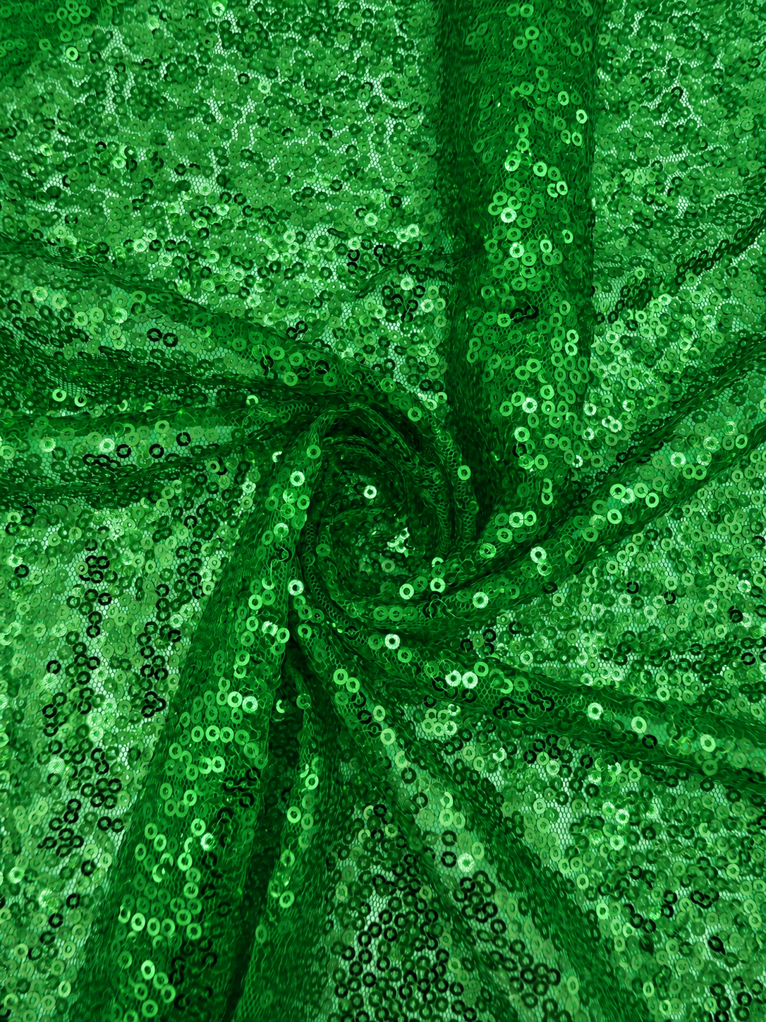 Kelly green mini sequin mesh fabric close-up, 60 inches wide, sold by the roll