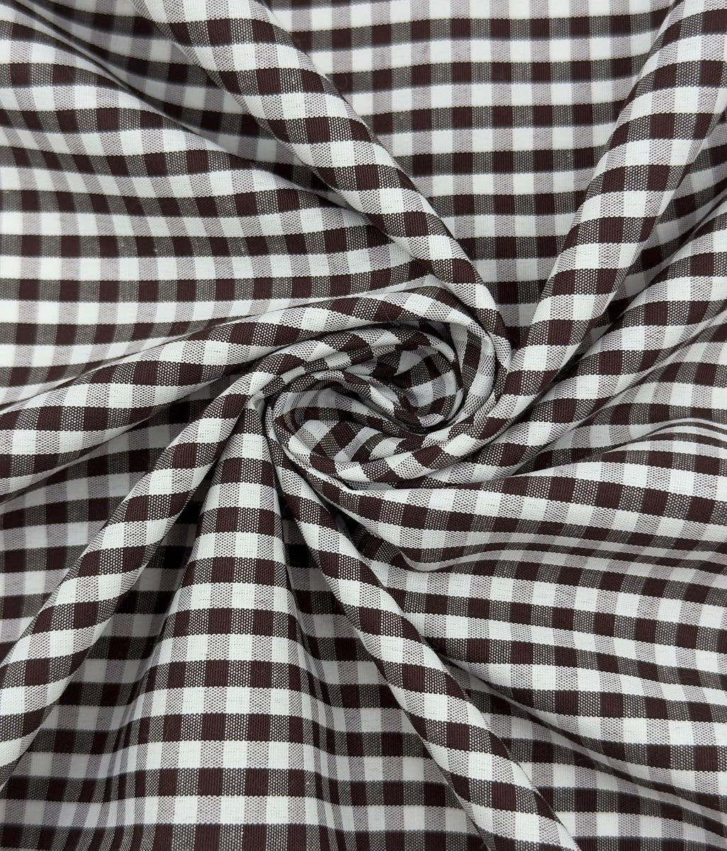 Brown poly-cotton gingham fabric with 1/8-inch checks