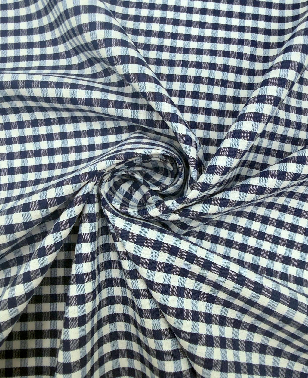 Navy poly-cotton gingham fabric with 1/8-inch checks