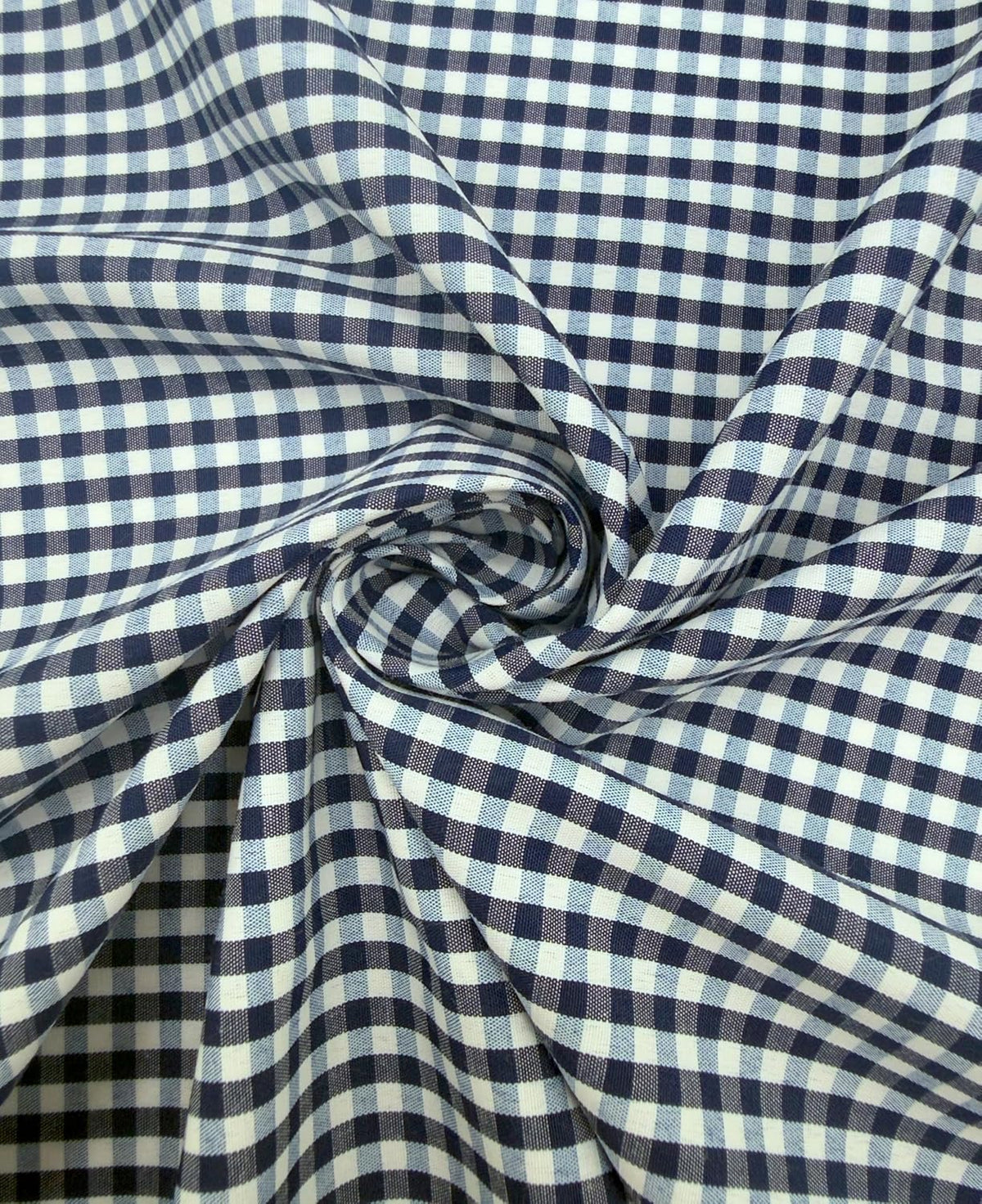 Navy poly-cotton gingham fabric with 1/8-inch checks