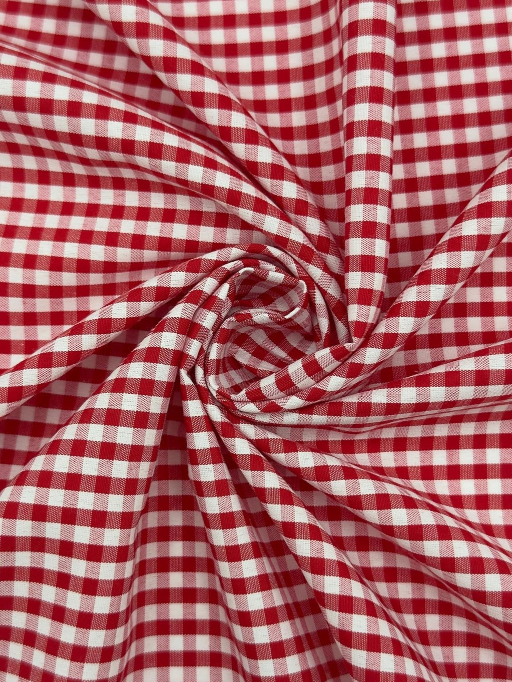 Red poly-cotton gingham fabric with 1/8-inch checks