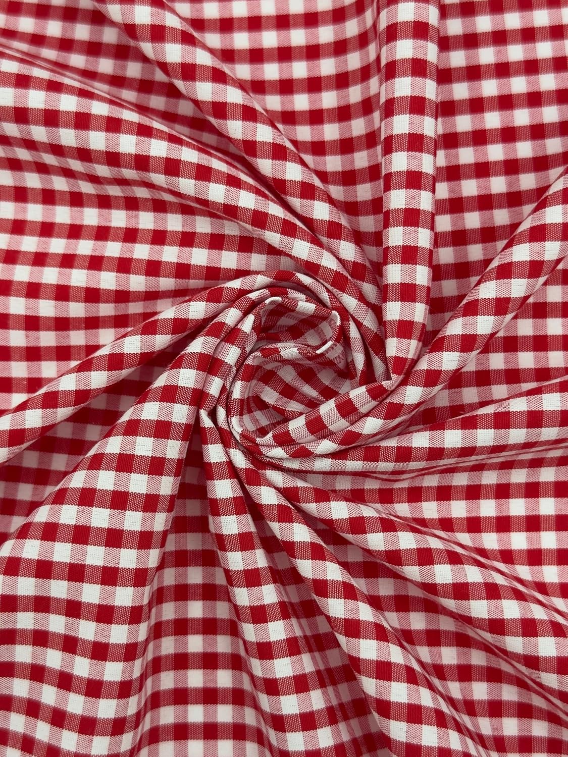 Red poly-cotton gingham fabric with 1/8-inch checks